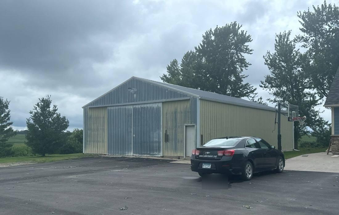 Pole building roof and siding on a Goodhue-area property, August 2024