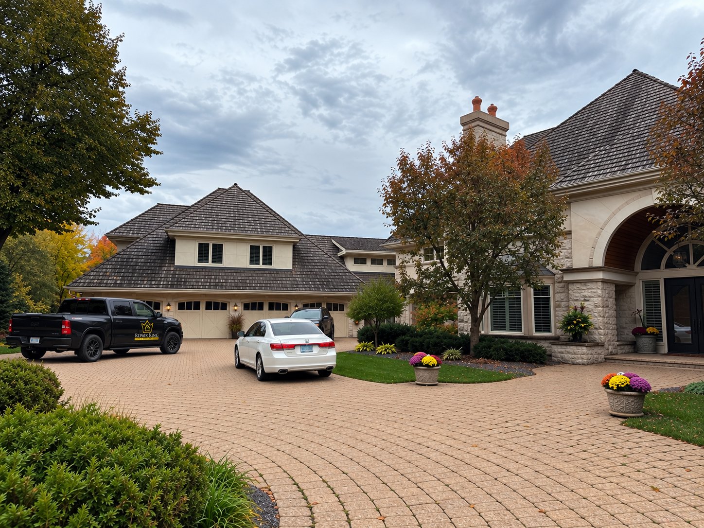 Front entry court and paver drive of the same Lake Minnetonka estate with a Repair King truck, October 2023
