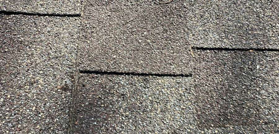 Lifted shingle tabs on an Annandale roof, July 2023