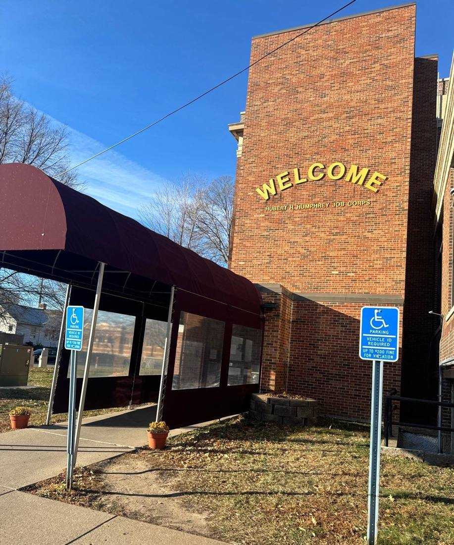 Welcome entrance of the Hubert H. Humphrey Job Corps Center on Snelling Avenue in St. Paul, photographed by Repair King in November 2023