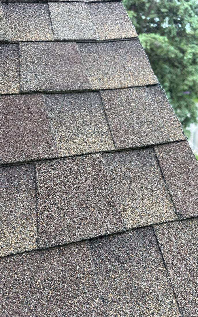 Shingle detail along a roof edge in New Ulm, May 2026