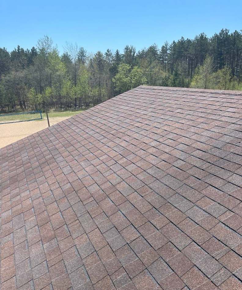 View across a Princeton-area roof toward the tree line, May 2022