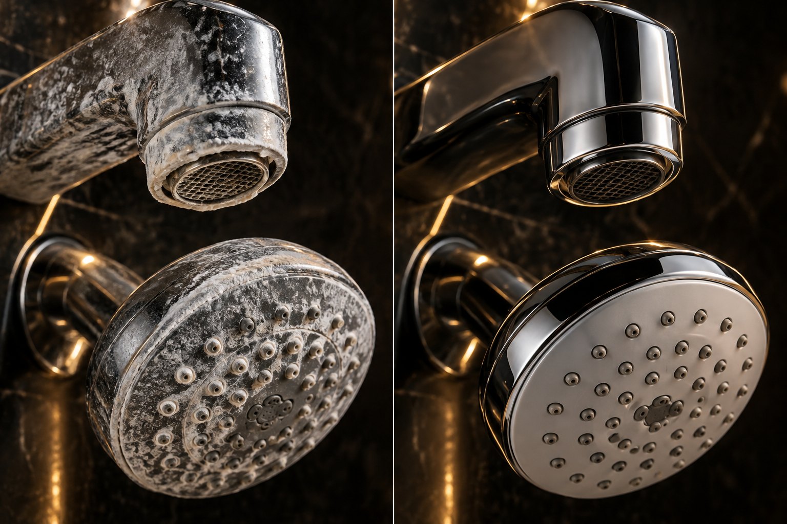 Faucet and shower head crusted with hard water scale next to clean fixtures