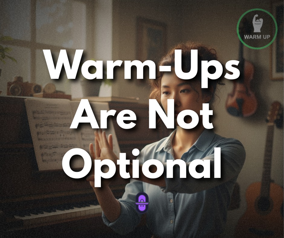 Educational flyer featuring a woman in a blue shirt stretching her hands in front of a piano with sheet music, with the bold text "Warm-Ups Are Not Optional" and a green "Warm Up" icon in the corner.