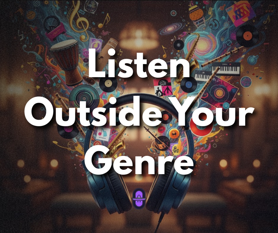 Educational flyer with the text "Listen Outside Your Genre" overlaid on a pair of large headphones. A vibrant explosion of musical instruments like drums, flutes, and keyboards swirls out from the headphones against a warm, bokeh background.