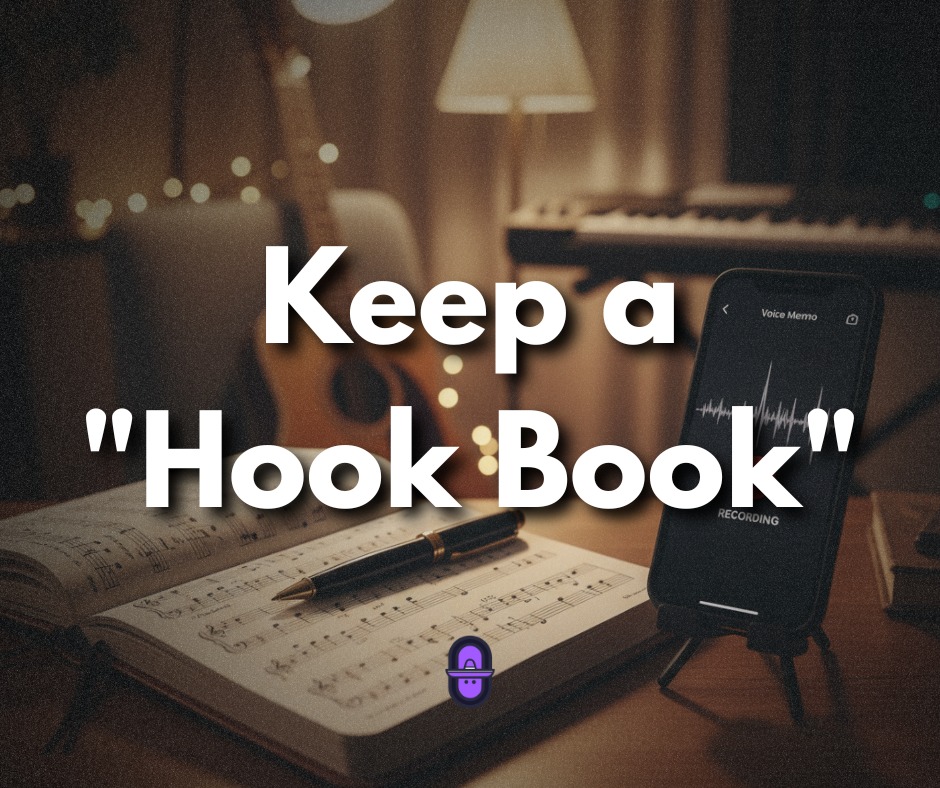 Educational flyer featuring an open notebook with sheet music and a black pen on a wooden desk. Next to it, a smartphone on a tripod displays a recording voice memo app. Bold text reads "Keep a Hook Book."