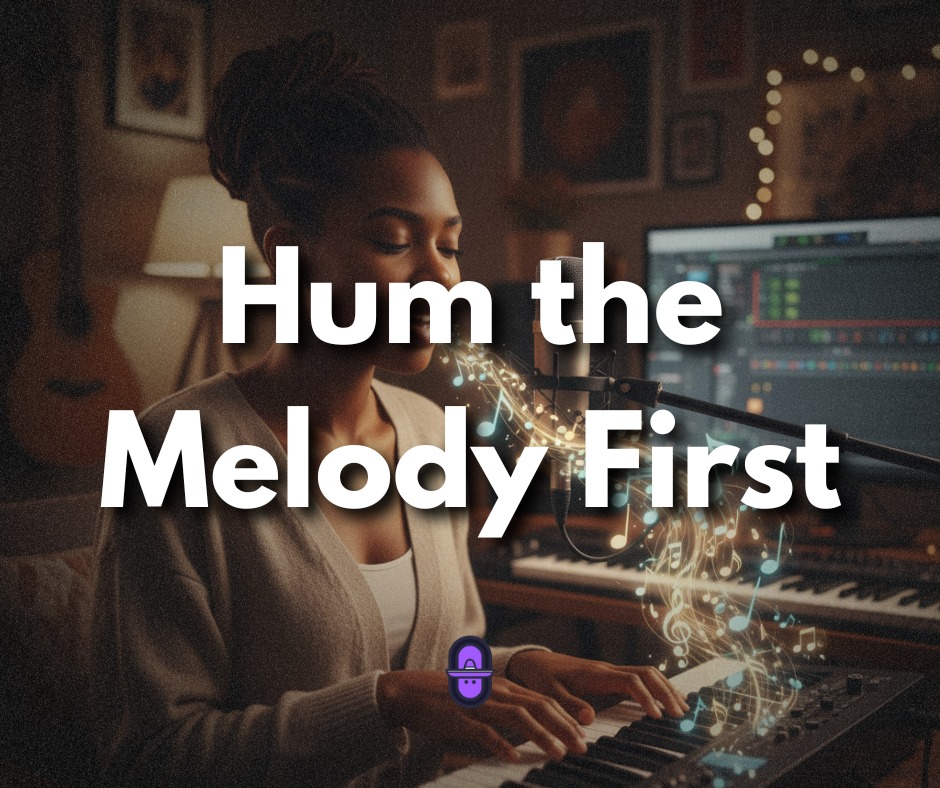 Educational flyer featuring a woman in a recording studio humming into a professional microphone while playing a MIDI keyboard. Glowing musical notes float from the microphone, with the bold text "Hum the Melody First" centered on the screen.