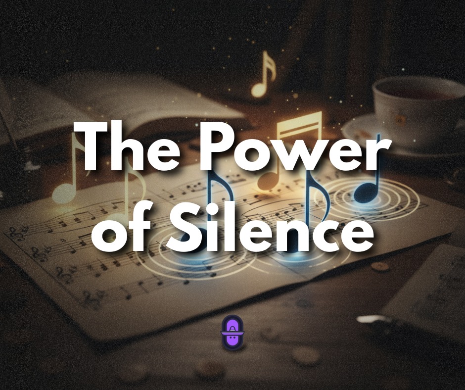 Educational flyer featuring glowing musical notes floating over a sheet of music and a tea cup on a desk. Large white text in the center reads "The Power of Silence."