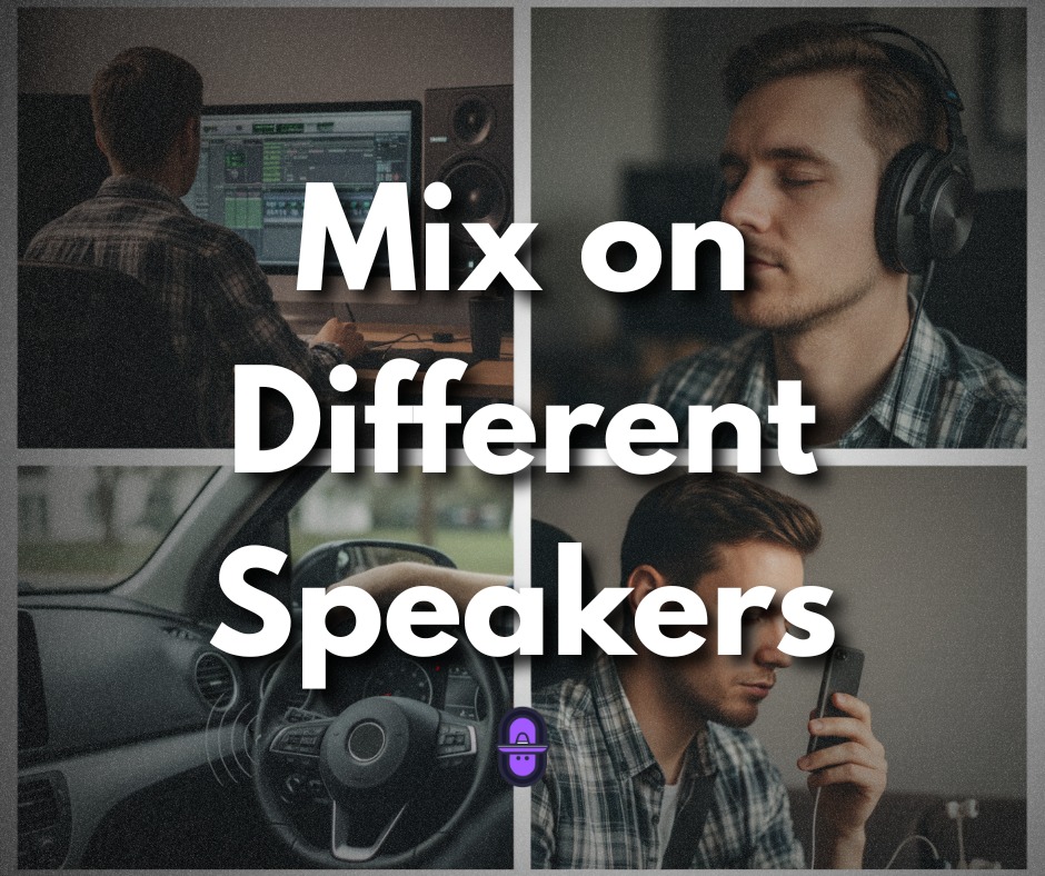 Four-panel collage showing a male producer testing a track in different environments: using professional studio monitors, wearing over-ear headphones, sitting in a car driver's seat, and listening through a smartphone. Central white text reads "Mix on Different Speakers" with a small purple MellowD logo at the bottom center.
