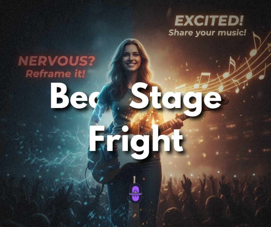 A split-lighting digital artwork featuring a smiling female guitarist on stage. The left side has a cool blue tone with the text "NERVOUS? Reframe it!", while the right side has a warm orange glow with the text "EXCITED! Share your music!". The words "Beat Stage Fright" are prominently displayed in white text across the center.