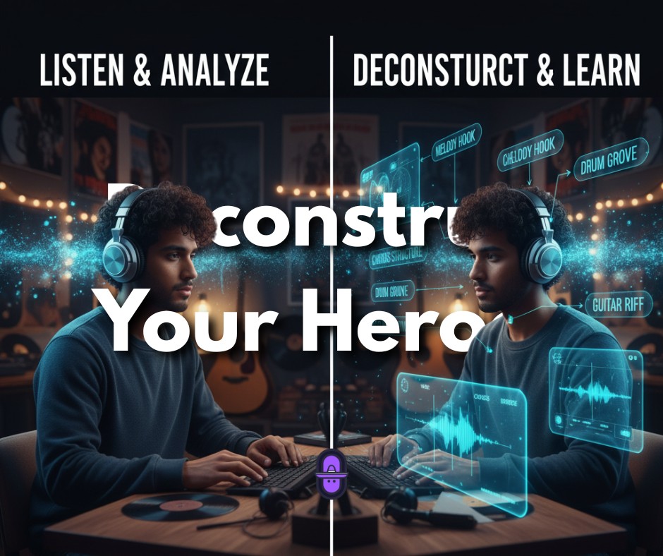 A split-screen digital illustration featuring a young male producer with curly hair and headphones. The left side is titled "LISTEN & ANALYZE" showing him focused in a studio. The right side is titled "DECONSTRUCT & LEARN" featuring futuristic holographic displays labeled "Melody Hook," "Drum Groove," and "Guitar Riff."