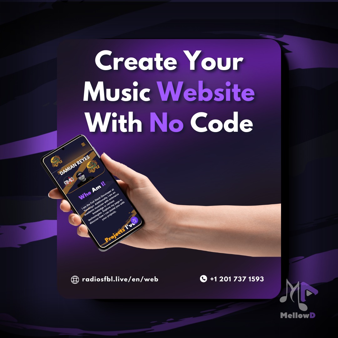 A promotional graphic on a purple and black abstract background with the text "Create Your Music Website With No Code." An arm holds a smartphone displaying a professional artist profile page for "Damian Reyes" with a purple logo.