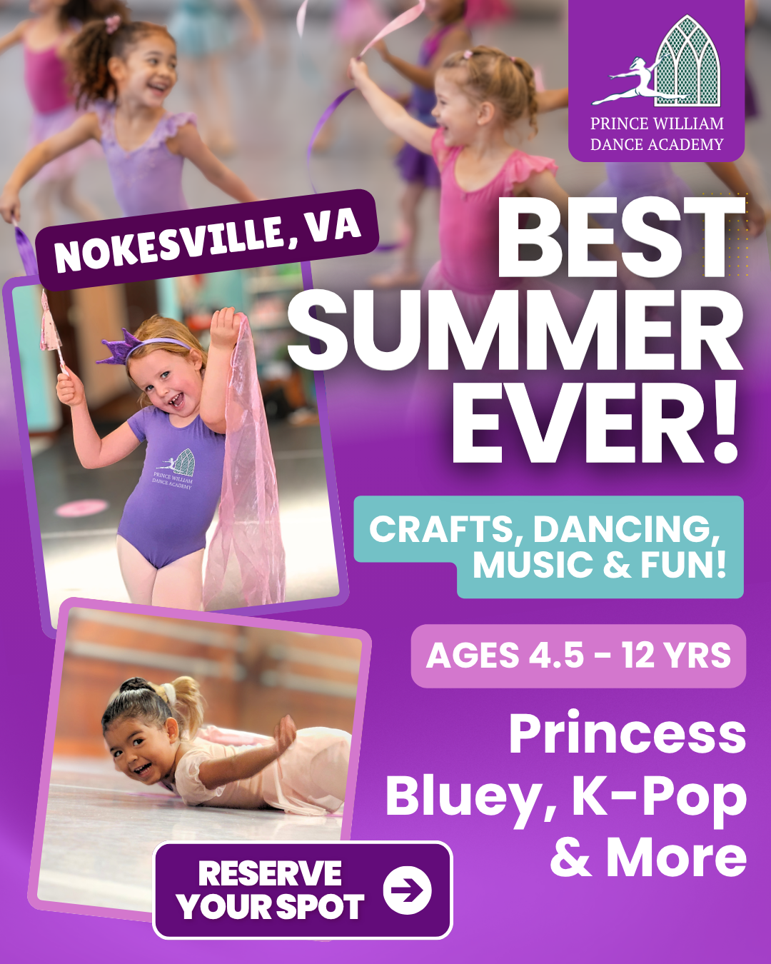 Children enjoying themed summer dance camps at Prince William Dance Academy in Nokesville, VA
