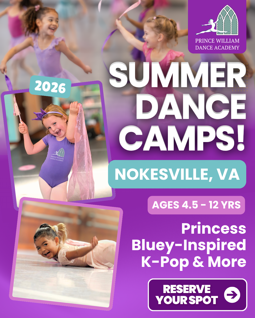 Children enjoying themed summer dance camps at Prince William Dance Academy in Nokesville, VA