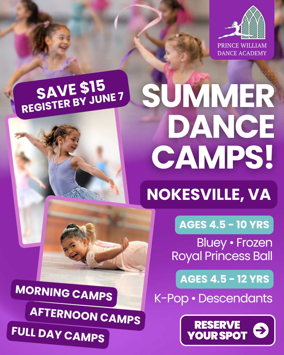Children enjoying themed summer dance camps at Prince William Dance Academy in Nokesville, VA