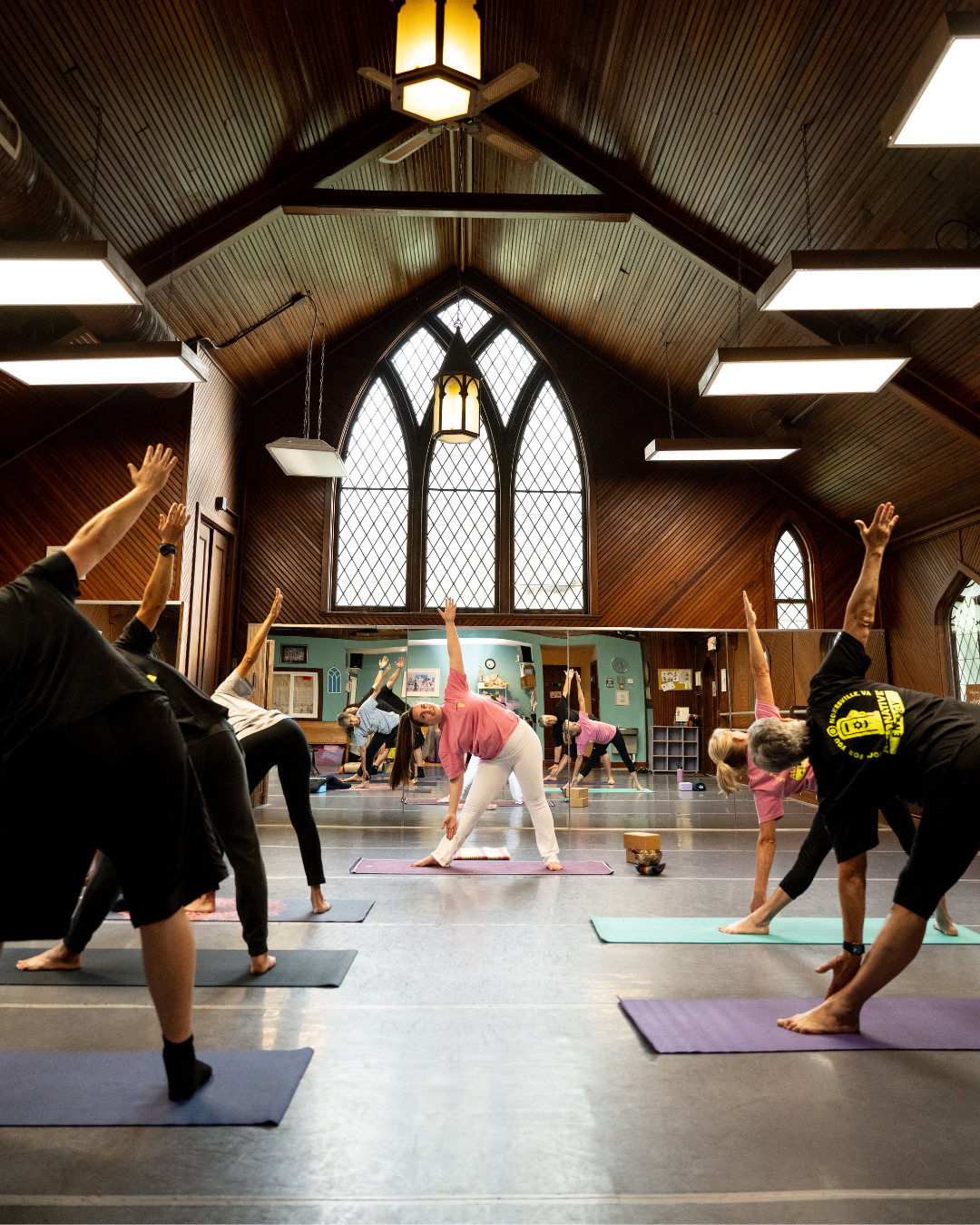 Gwen Fletcher from Alternative Energy teaching an adult yoga class in Nokesville VA at Prince William Dance Academy