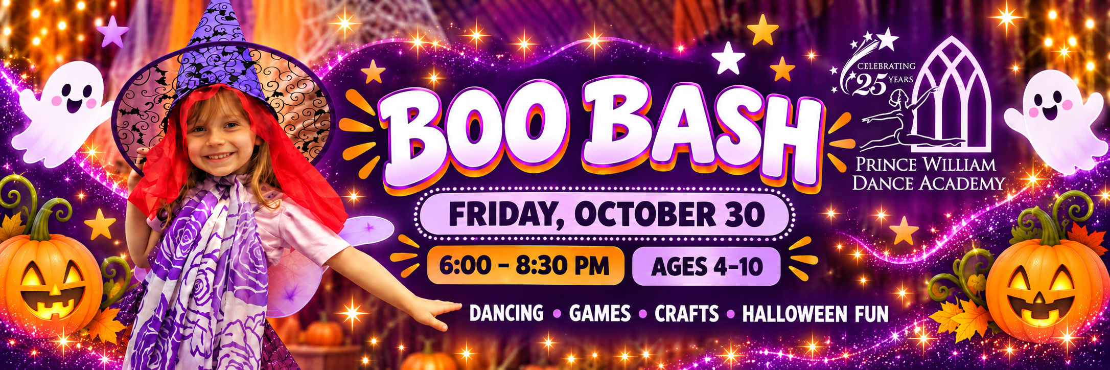 Boo Bash Dance Party banner, Friday October 30, 6:00 to 8:30 PM, ages 4 to 10, at Prince William Dance Academy in Nokesville, VA
