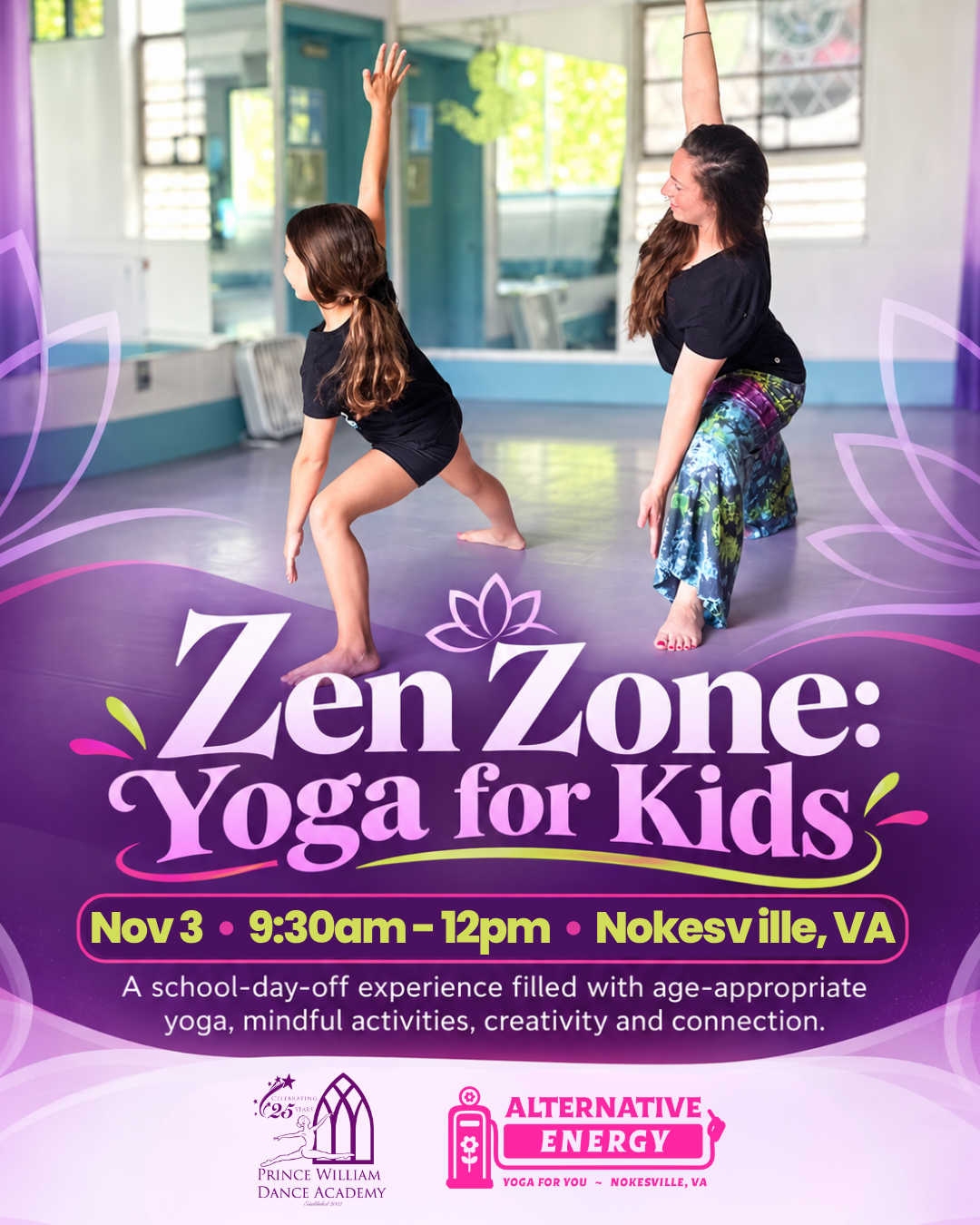 Kids taking Yoga Class for Kids In Nokesville, VA at Prince William Dance Academy with Alternative Energy Hatha Yoga