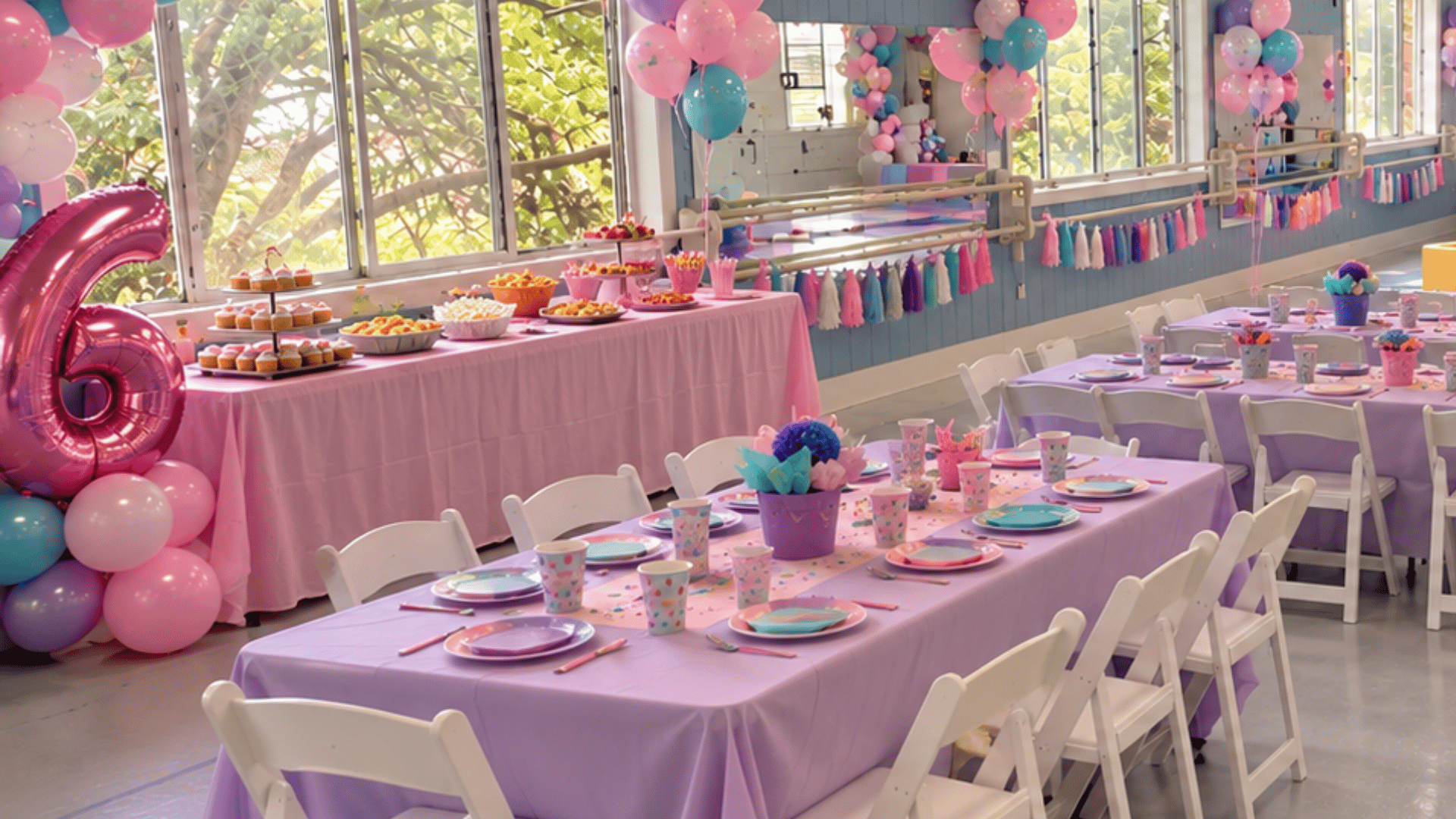 Colorful children's birthday party setup inside PWDA's event rental space in Nokesville, Virginia