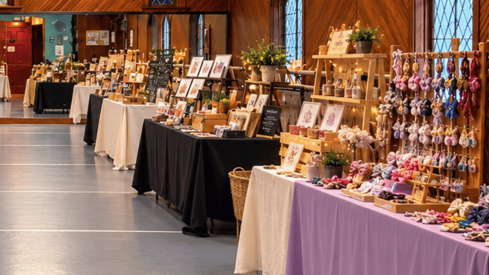 Vendor tables and craft displays arranged for a pop-up market inside PWDA's Nokesville event space