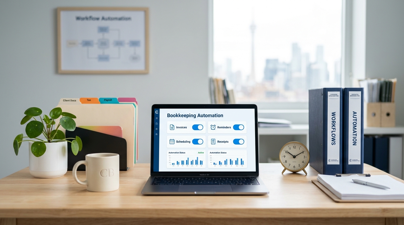 Automation workflow dashboard on a laptop in a bright office — ways to automate a service business