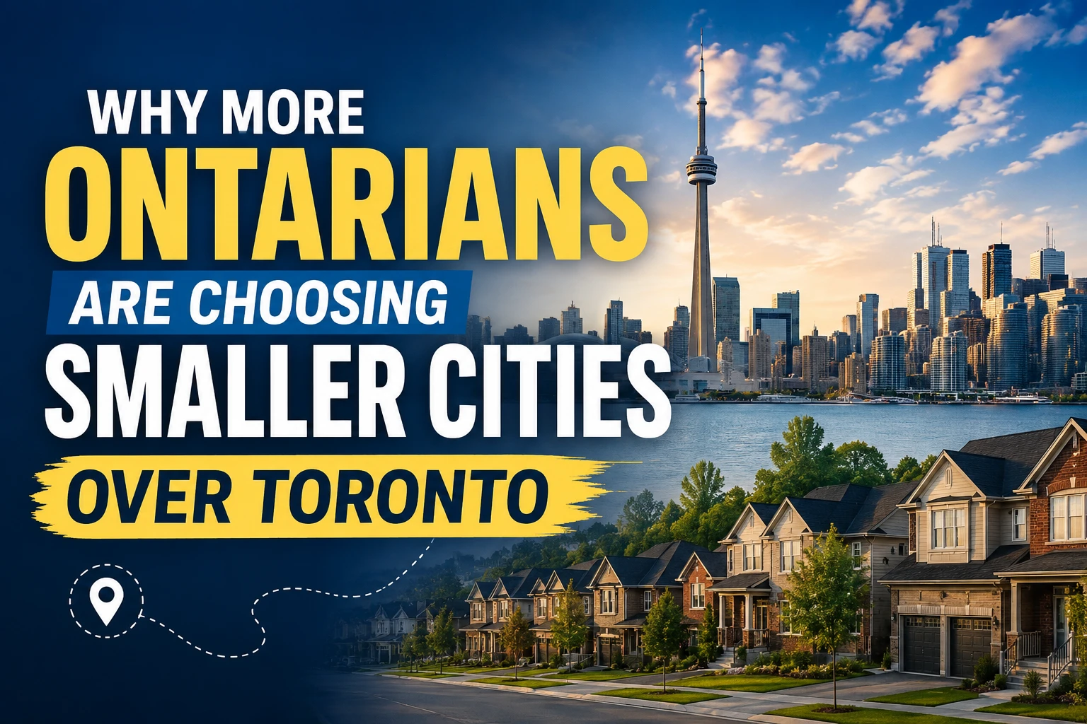 Toronto skyline and growing Ontario communities as residents increasingly choose smaller cities over Toronto