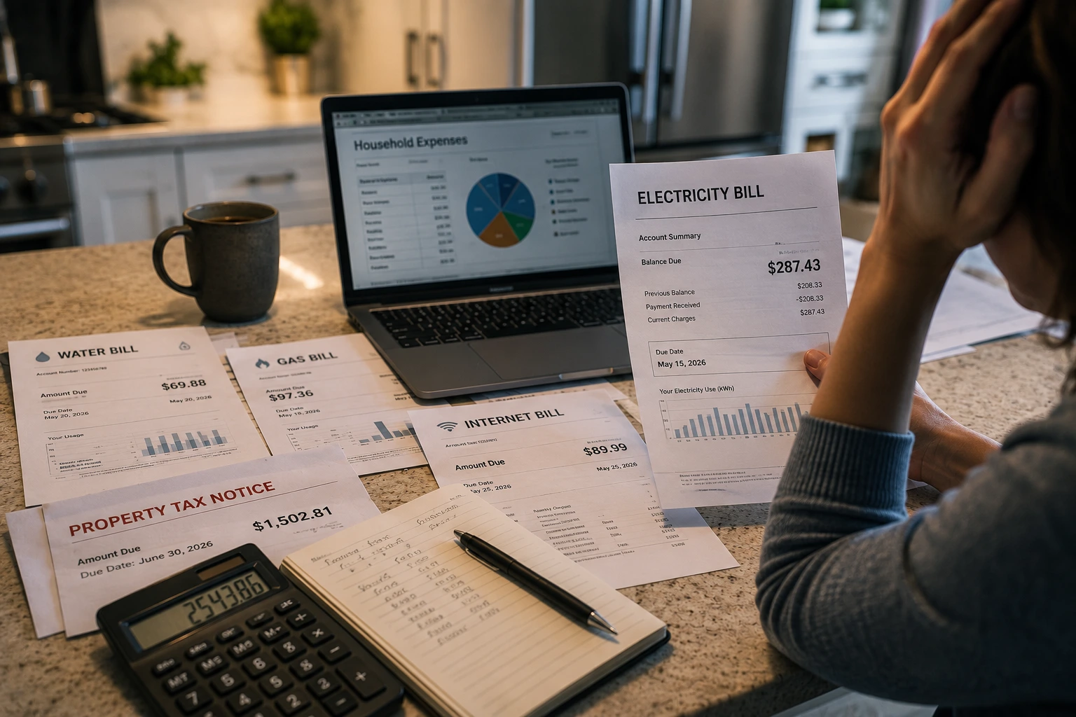 Ontario resident reviewing household bills, utility costs, insurance expenses, and monthly budget at home