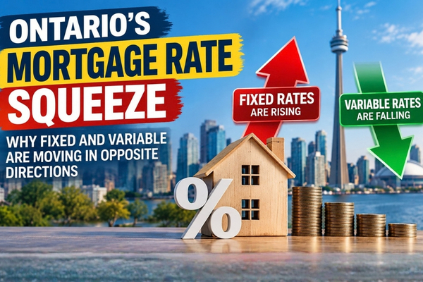 Ontario mortgage rate squeeze: fixed mortgage rates rising while variable rates fall, with Toronto skyline, house and percentage graphics illustrating mortgage options for Ontario borrowers.