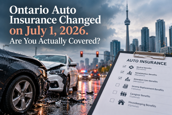 Ontario auto insurance changes in 2026 showing a collision, Toronto skyline, and mandatory versus optional accident benefits