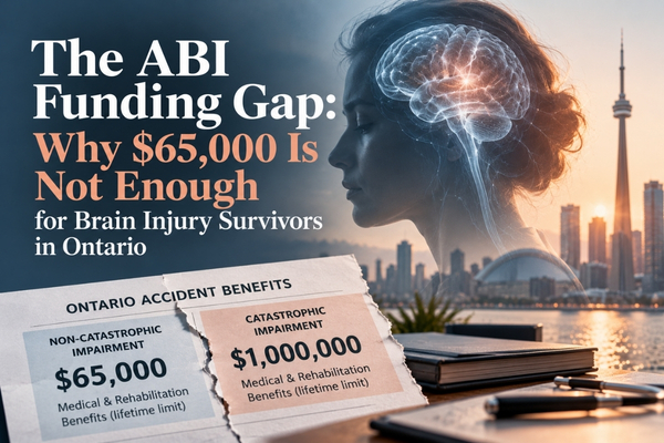 Ontario ABI funding gap showing $65,000 non-catastrophic benefits versus $1 million catastrophic benefits for brain injury survivors Ontario ABI funding gap showing $65,000 non-catastrophic benefits versus $1 million catastrophic benefits for brain injury survivors