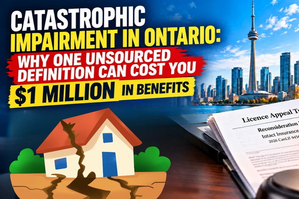 Ontario catastrophic impairment claim showing $65,000 versus $1 million in benefits and a Licence Appeal Tribunal decision Ontario catastrophic impairment claim showing $65,000 versus $1 million in benefits and a Licence Appeal Tribunal decision