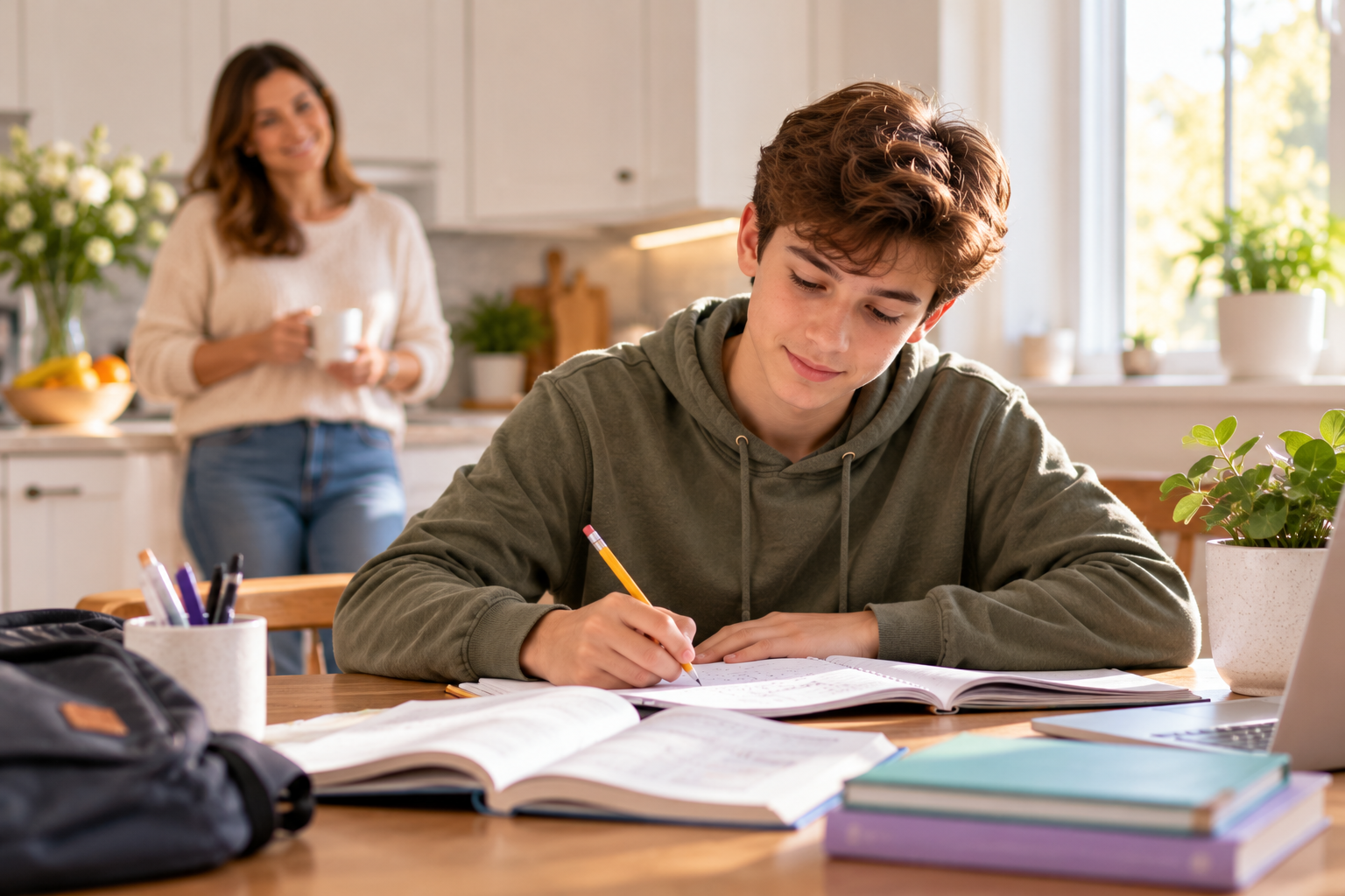 Student completing homework independently at home