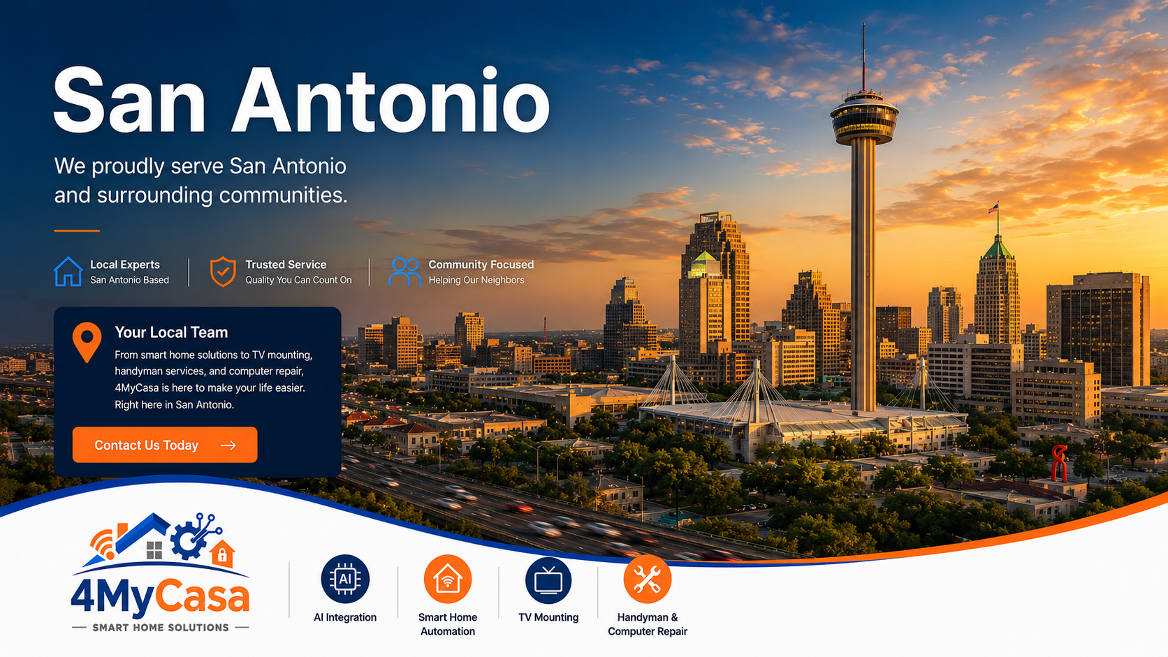 AI integration, smart home automation, TV mounting, and computer repair services in San Antonio Texas by 4MyCasa