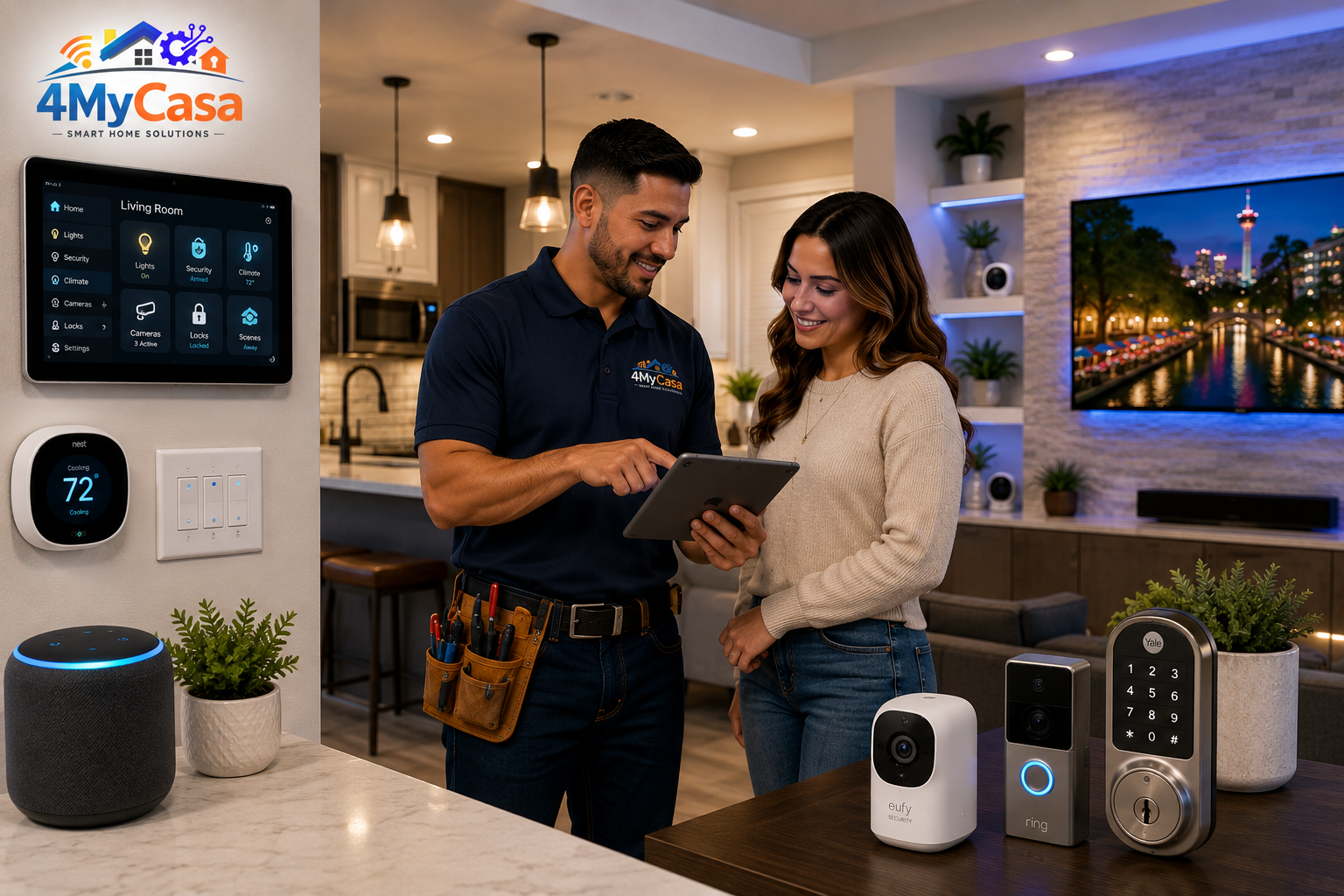 4MyCasa technician helping a homeowner with smart home automation in San Antonio