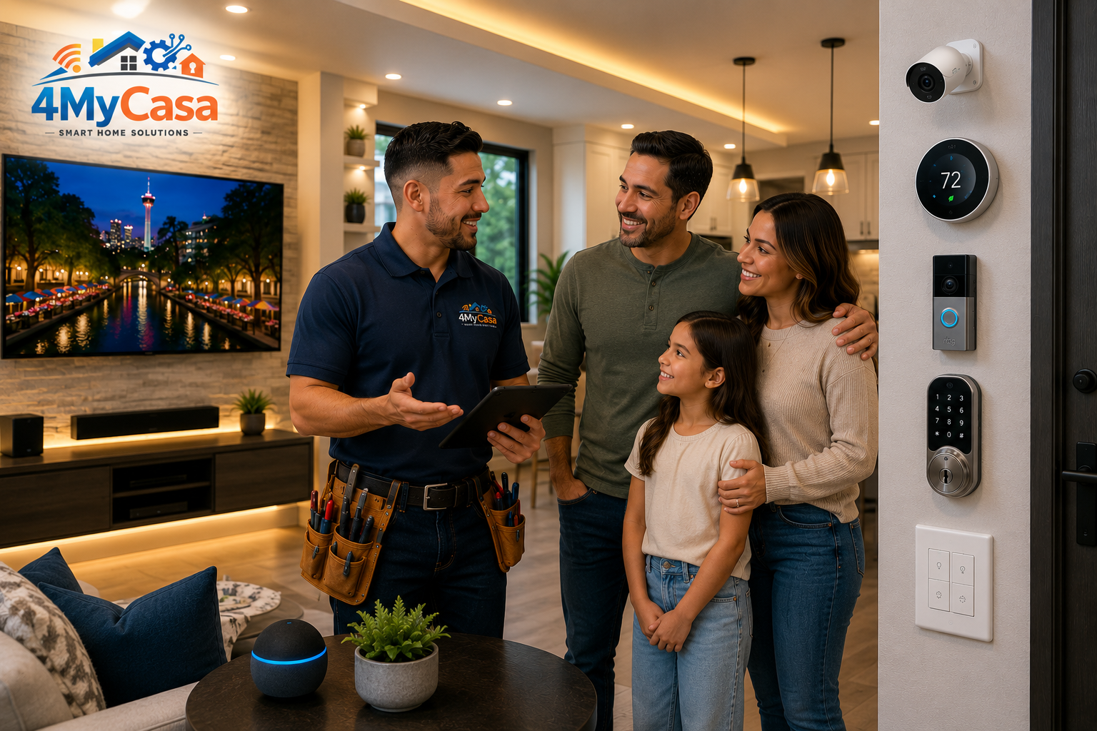 Happy homeowners after professional TV mounting installation by 4MyCasa in San Antonio