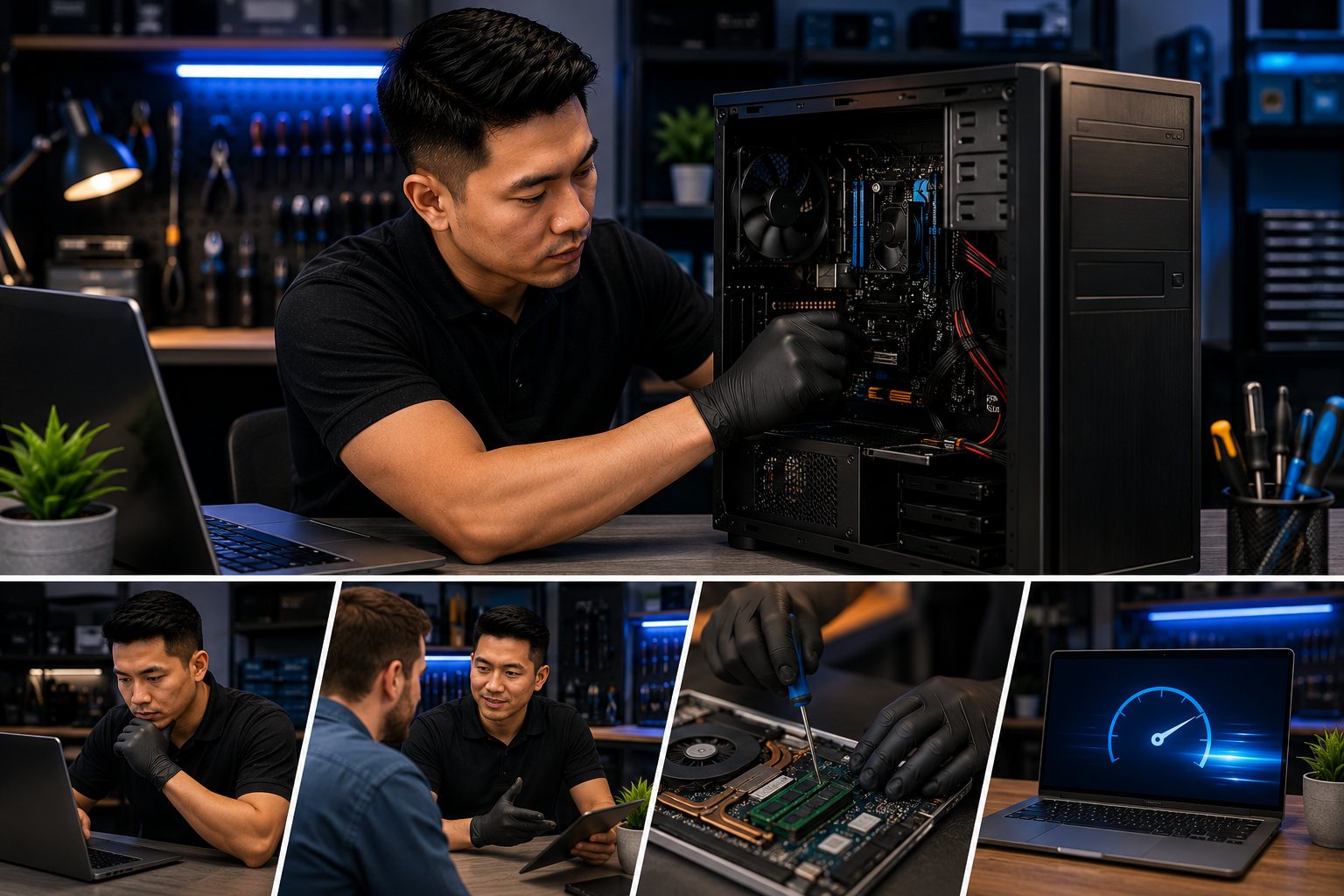 Professional computer repair technician helping customer in San Antonio