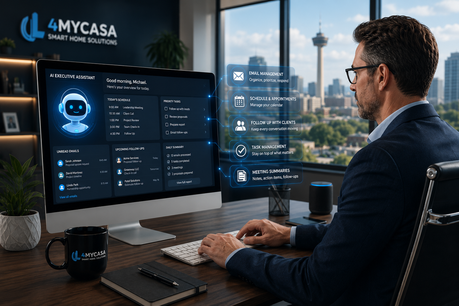 Business owner using an AI executive assistant configured by 4MyCasa