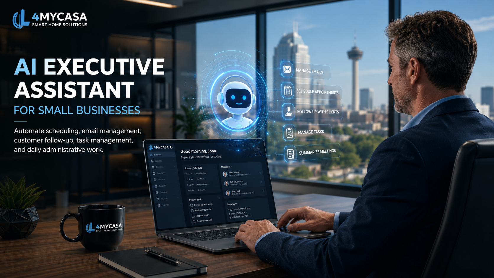 AI executive assistant helping a San Antonio business manage scheduling, email, customers, and daily office tasks