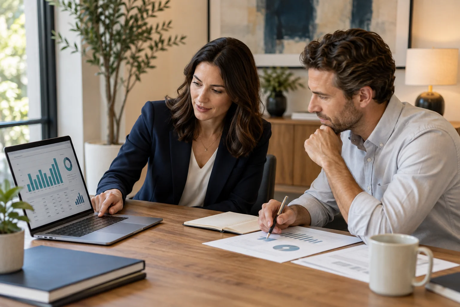 Accounting professionals reviewing business information and administrative tasks.