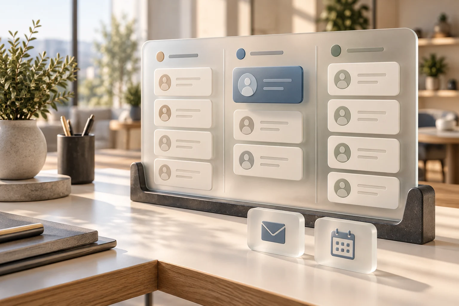 Conceptual CRM showing contact cards, pipeline stages, communication, and scheduling.