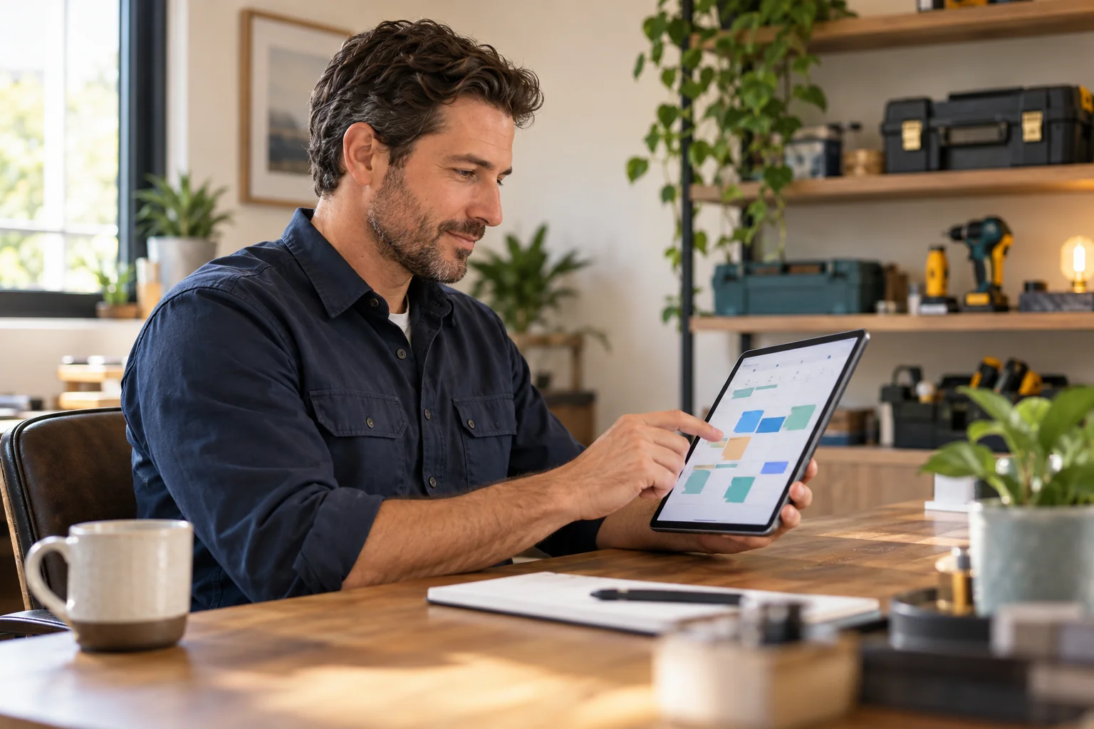 Service business owner reviewing a workflow on a tablet in a workshop.