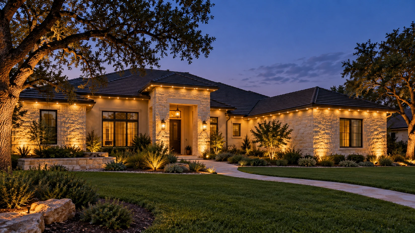 Illustrative lighting concept showing warm roofline lighting and tree uplighting at a home after dusk