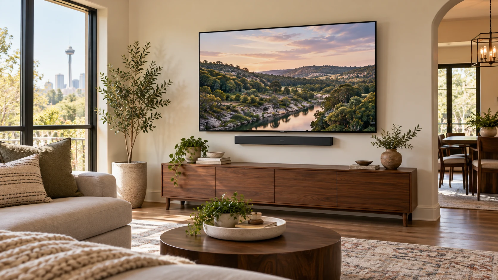 Illustrative concept of a wall-mounted TV and soundbar above a walnut console in a warm contemporary living room