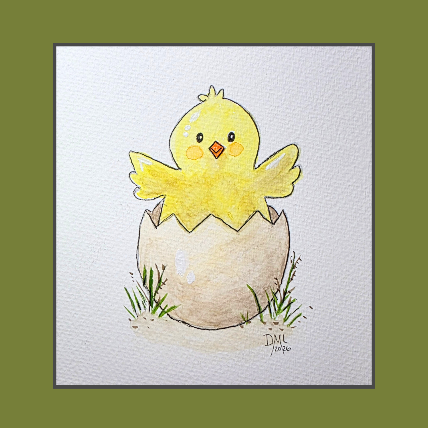 Watercolor painting of a baby chick hatching from an egg, painted in soft spring tones