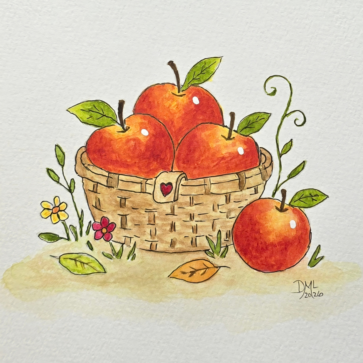 Whimsical watercolor basket of red and golden apples Whimsical watercolor basket of red and golden apples