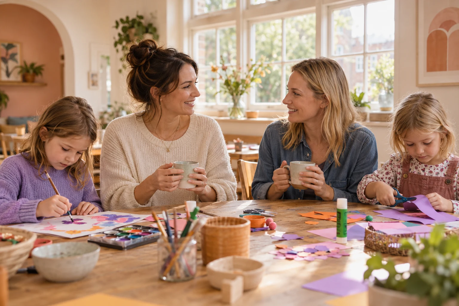 Parents sharing a relaxed conversation and a cup of tea while their children make crafts beside them