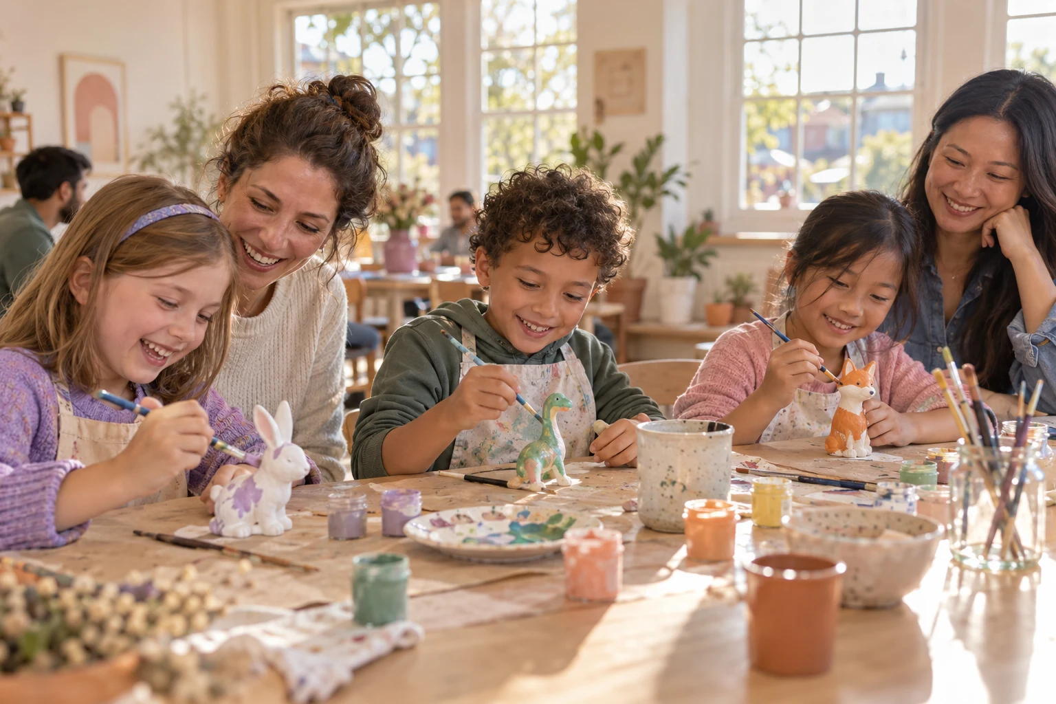Children painting little animals around a craft table with their parents beside them
