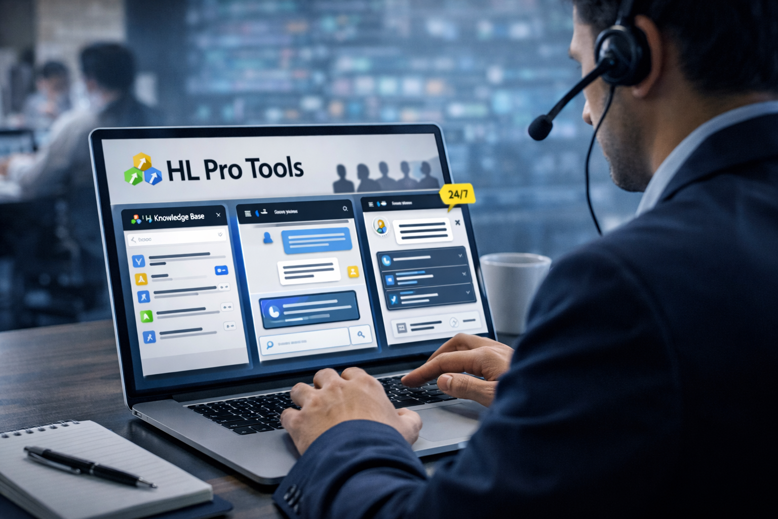 Professional support agent wearing a headset works on a laptop displaying the HL Pro Tools interface, including a knowledge base and live chat panels, in a modern office environment with a clean, focused SaaS support setting.