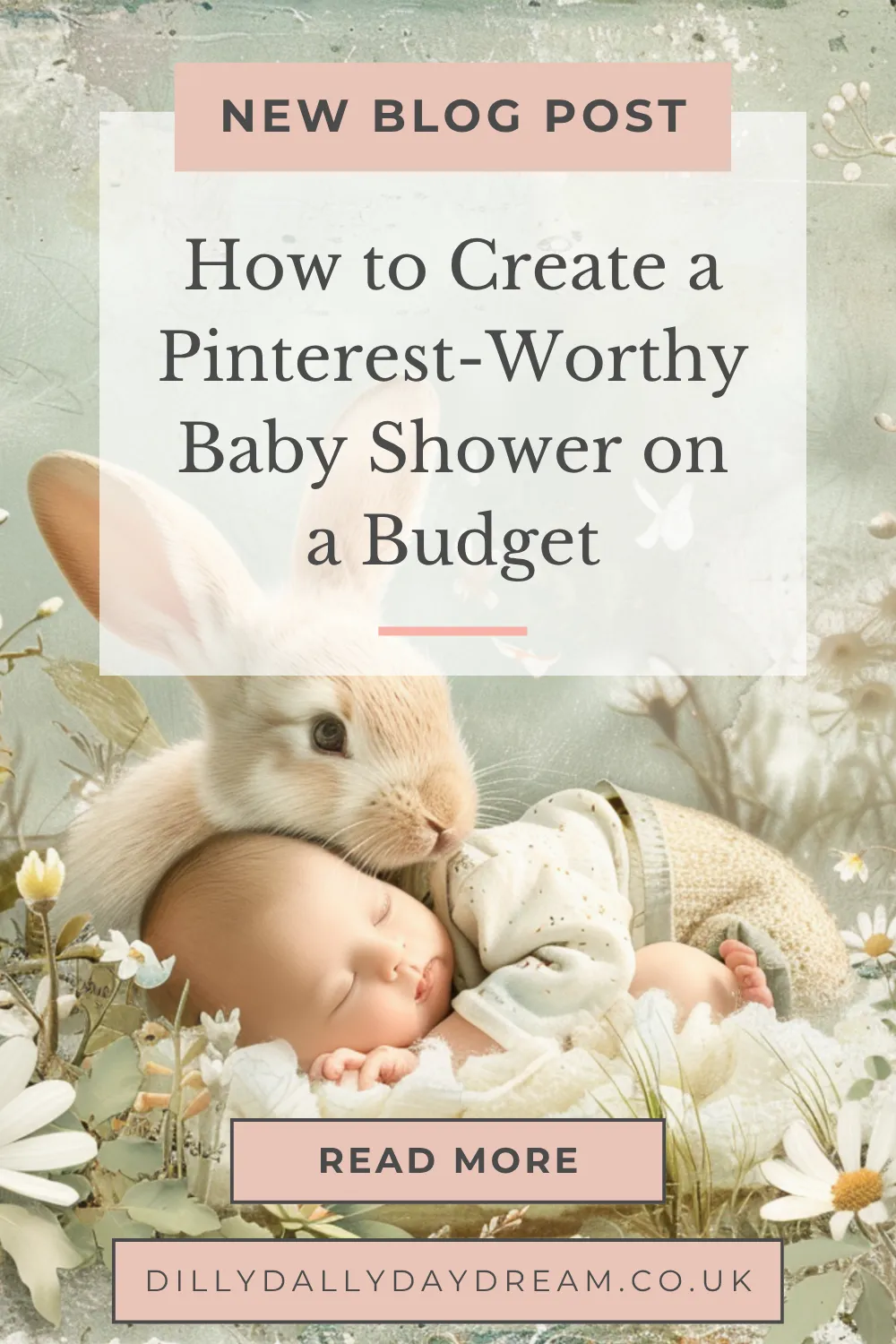 animated picture of a bunny cuddling a baby with delicate florals pinterest pin
