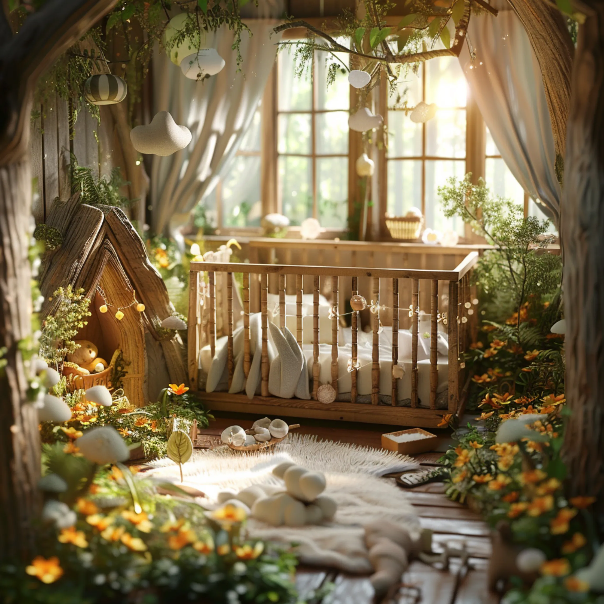 baby nursery with light wood cot and plants baby nursery with light wood cot and plants